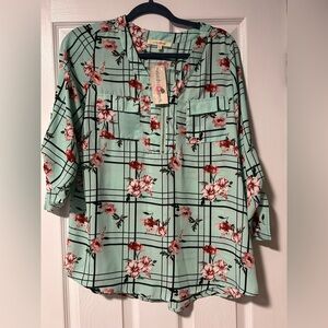 Wishful Park Mint and Red Floral Checkered Top Large